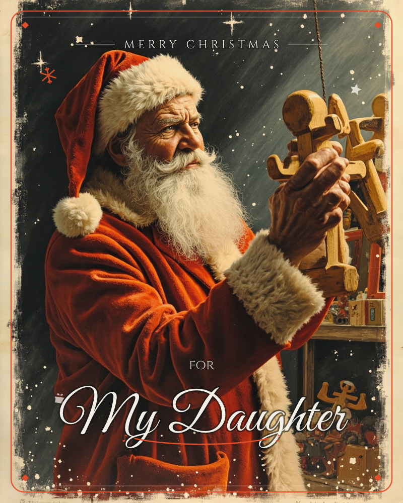 Santa Claus is shown close up in his red fur-trimmed coat and cap, carefully examining a wooden toy horse held in his weathered hands, a christmas e-card design