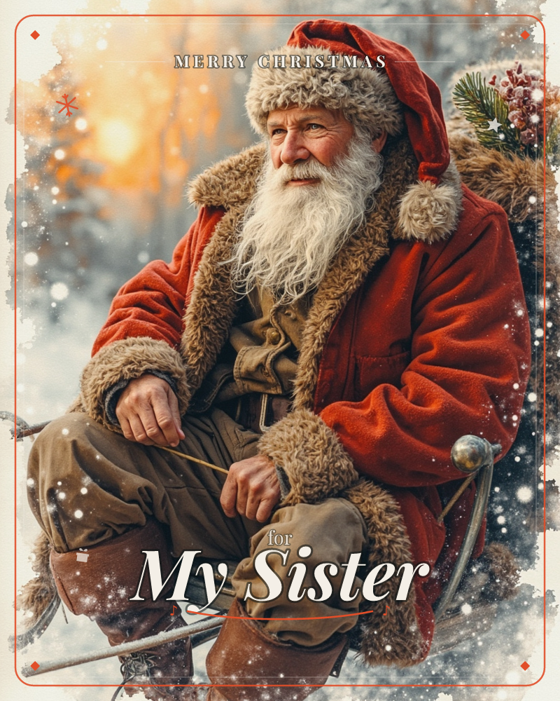 Santa Claus sits in an old wooden sleigh, reins in hand, wrapped in a fur-trimmed red coat with a sprig of berried pine tucked behind him, a christmas e-card design