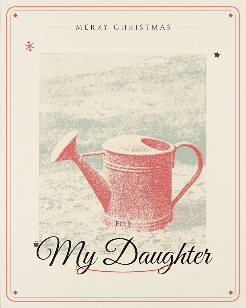 A red watering can sits in a garden bed rendered in a grainy, textured print, its rounded body and long spout catching a mottled light against a pale…, a christmas e-card design