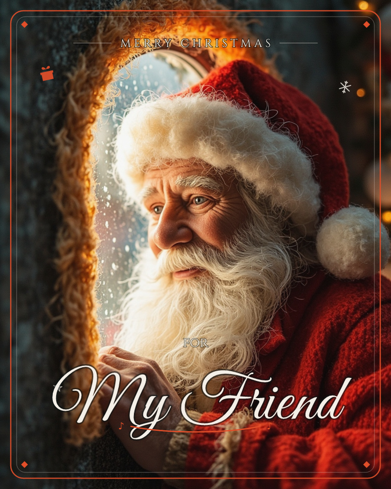 A man dressed as Santa Claus leans close to a frosted round window, peering in with a thoughtful expression as warm golden light spills across his…, a christmas e-card design