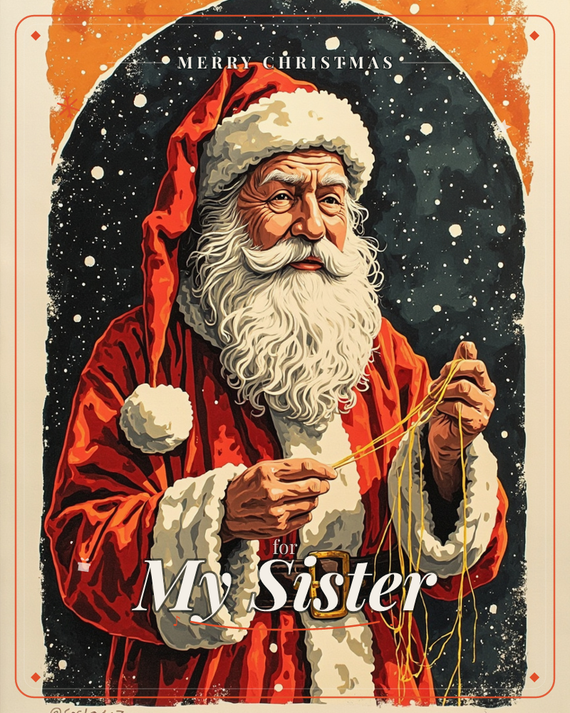 Santa Claus stands framed in an arched window against a snowy night sky, his red coat and fur trim rendered in bold painterly strokes, a christmas e-card design