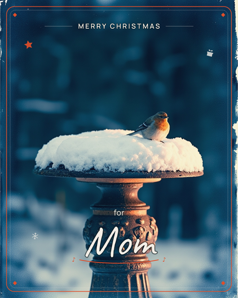A robin perches alone on a snow-capped stone birdbath, its rusty pedestal etched with an old floral pattern, a christmas e-card design