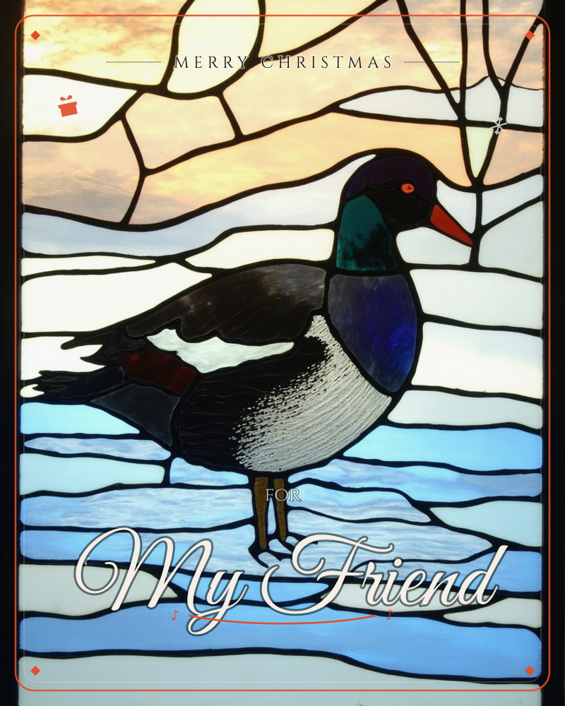 A stained-glass style panel shows a duck with a glossy purple-green head, orange bill and eye, standing on a shelf of icy blue floes, a christmas e-card design