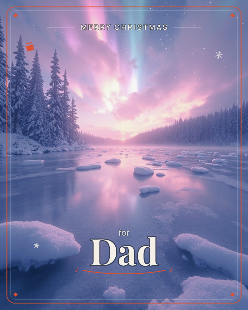 A frozen lake stretches toward a glowing horizon, its icy surface studded with snow-capped rocks and framed by dark, snow-laden pine trees, a christmas e-card design