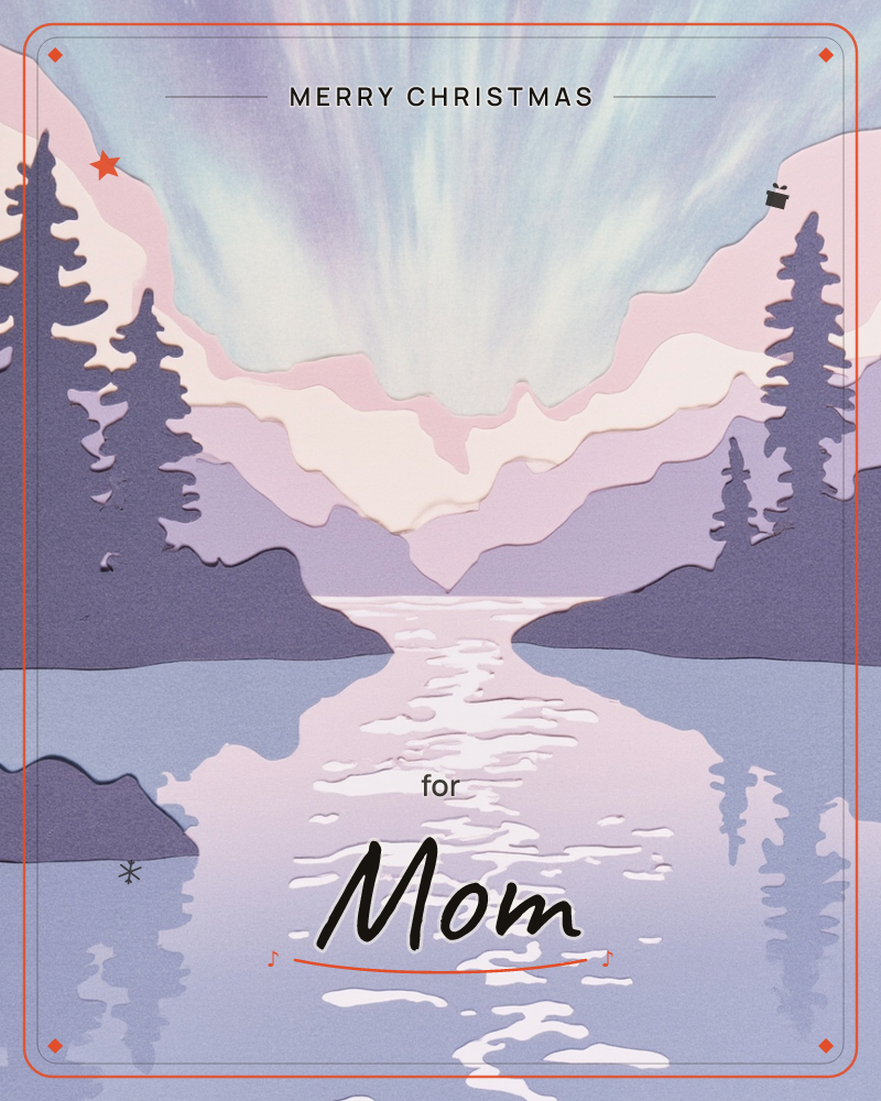 A layered papercut mountain lake glows under a pink and lavender sky, with a soft aurora-like haze rising above the peaks, a christmas e-card design