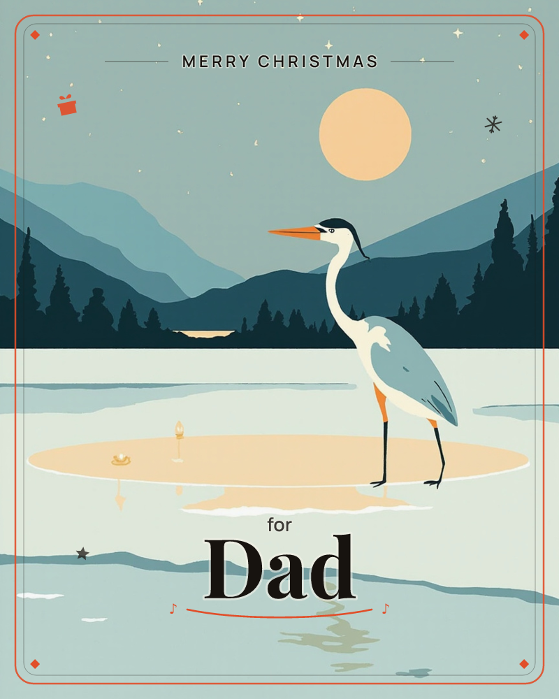 A tall heron stands alone on a pale sandbar at dusk, its long orange beak and slender legs sharp against layered blue-grey mountains and a dark line of…, a christmas e-card design