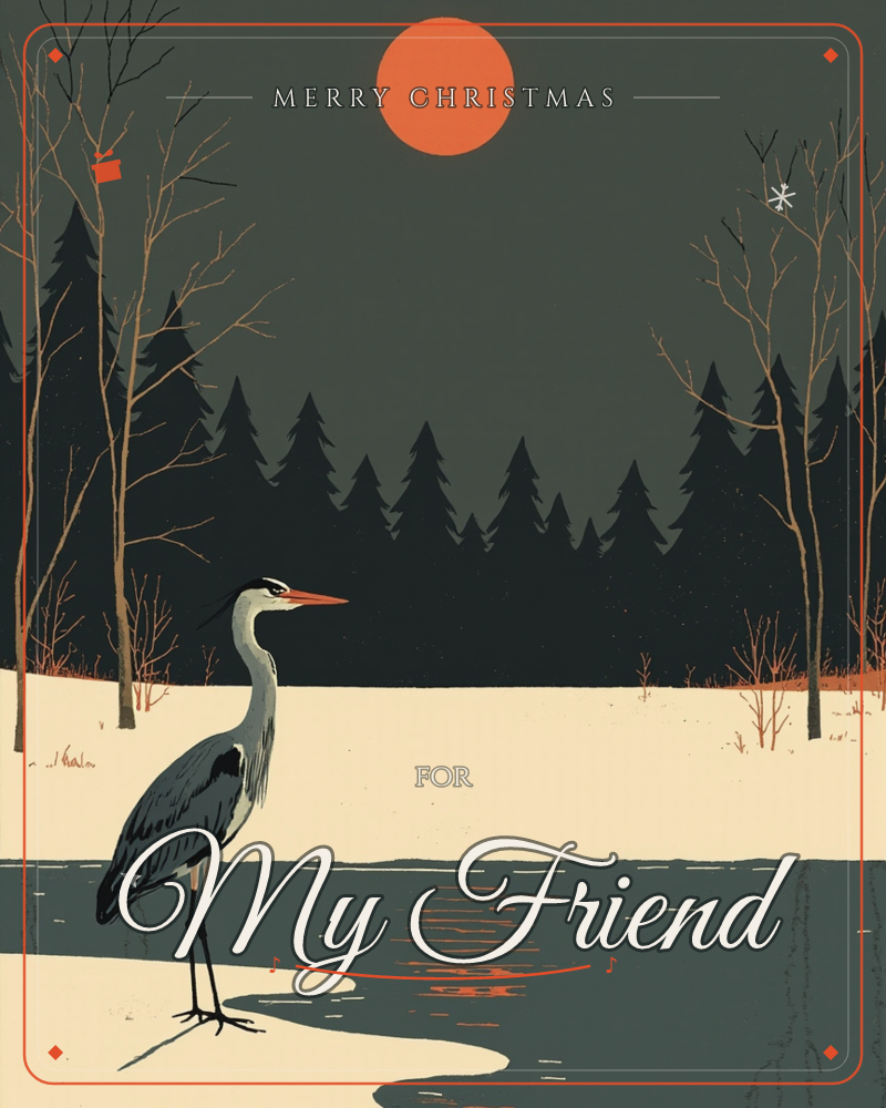 A grey heron stands at the edge of a half-frozen pond, its long orange beak pointed toward still water that mirrors a burnt-orange sun, a christmas e-card design