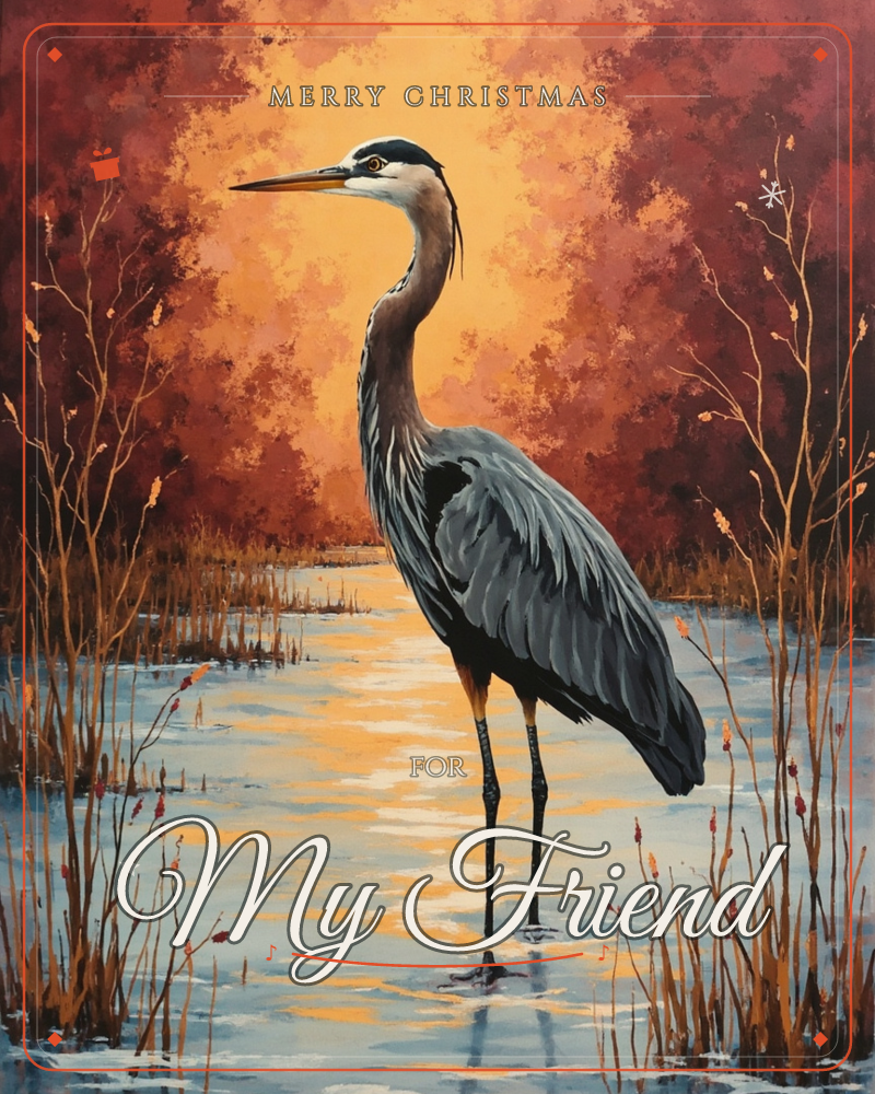 A great blue heron stands in shallow marsh water, its long neck curved as it gazes to the side, a christmas e-card design