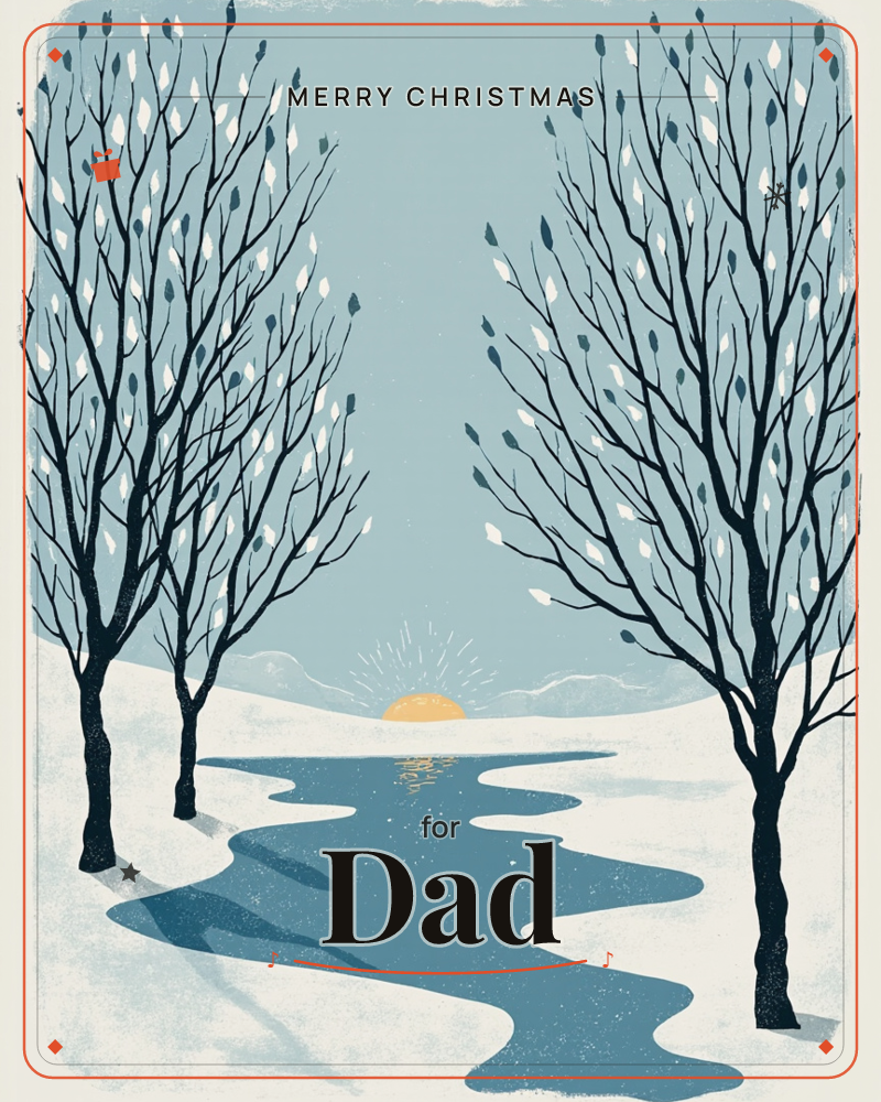 A winter path lined with bare, dark trees dusted in white and blue leaves leads toward a pale sun rising low on the horizon, a christmas e-card design