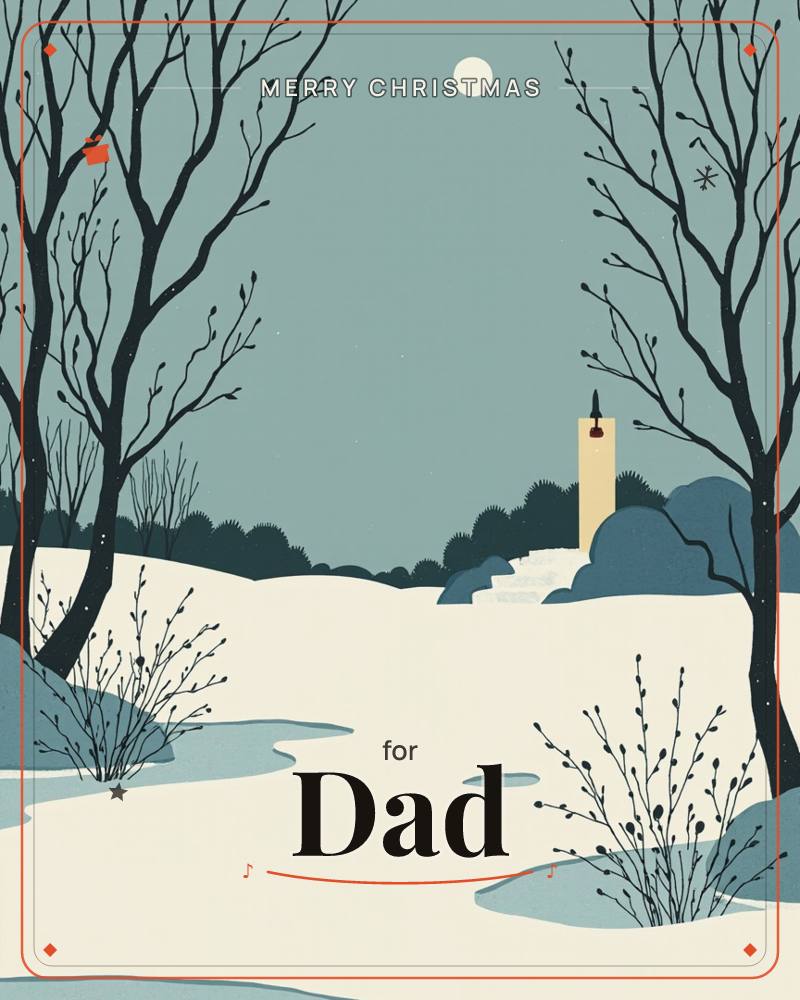 A quiet snowy clearing at dusk, framed by bare, spindly trees and a full moon hanging pale in a slate-blue sky, a christmas e-card design