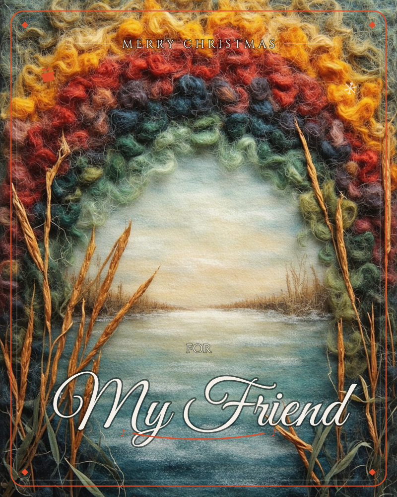 A textured wool-felt artwork shows a lakeside horizon glowing at sunset, framed by a thick arch of curled, knotted yarn in autumn tones of gold, rust…, a christmas e-card design