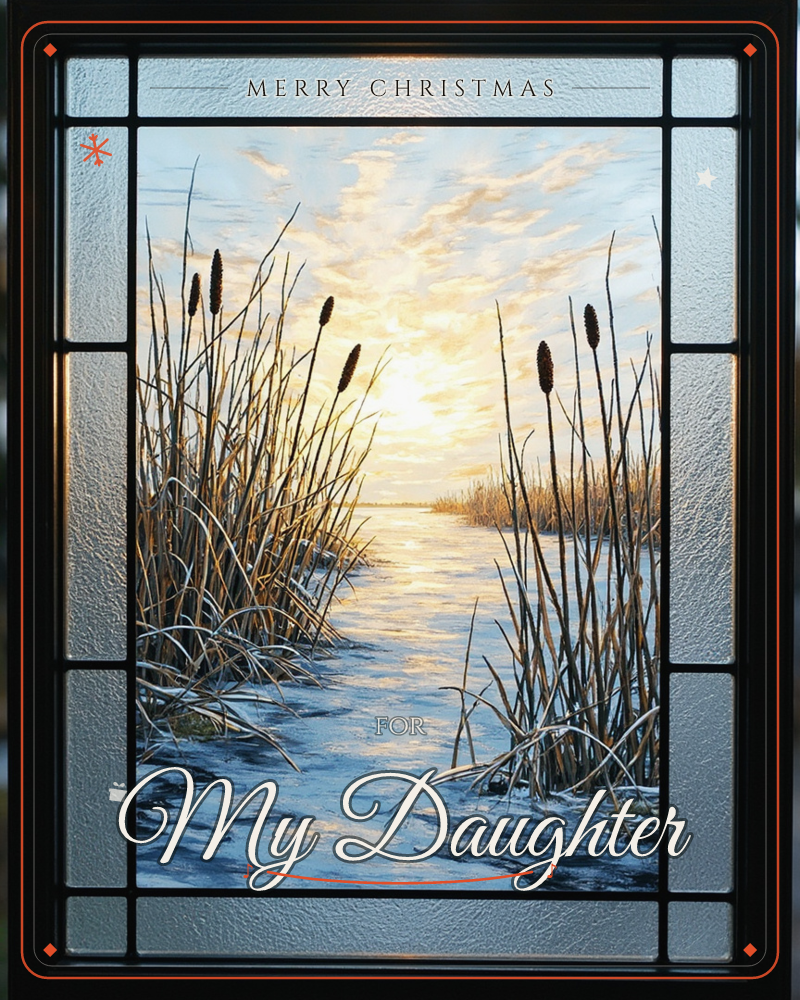 A stained-glass style window looks out on a marshy waterway at sunset, with tall cattails and reeds framing a glowing golden horizon, a christmas e-card design