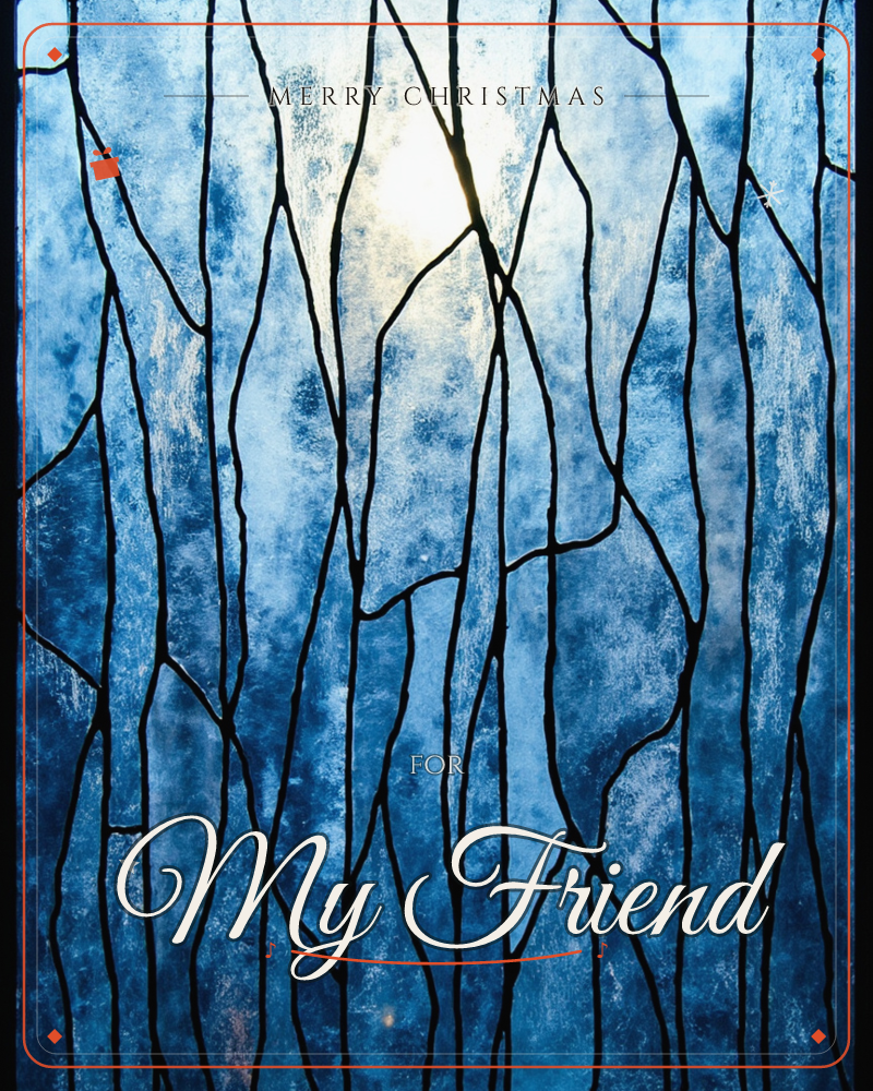 A stained-glass panel shows tall vertical shards of blue glass, leaded together like slender tree trunks, with a bright golden light glowing through…, a christmas e-card design