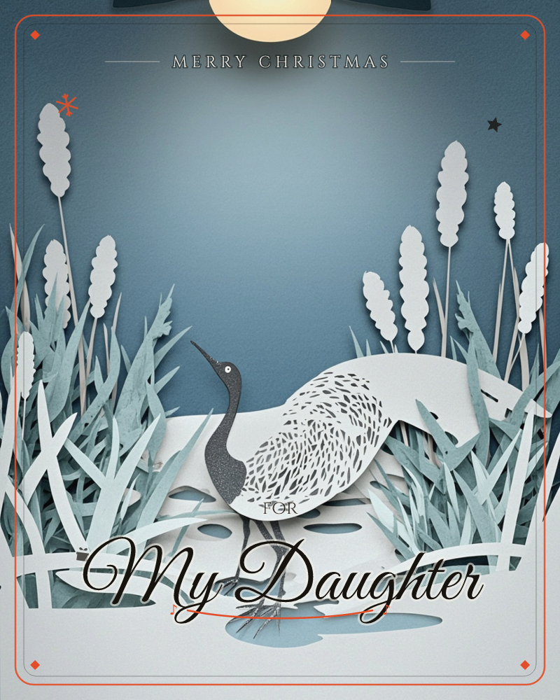 A layered paper-cut illustration shows a long-legged crane standing among cattails and tall marsh grass, all rendered in cut paper with soft…, a christmas e-card design