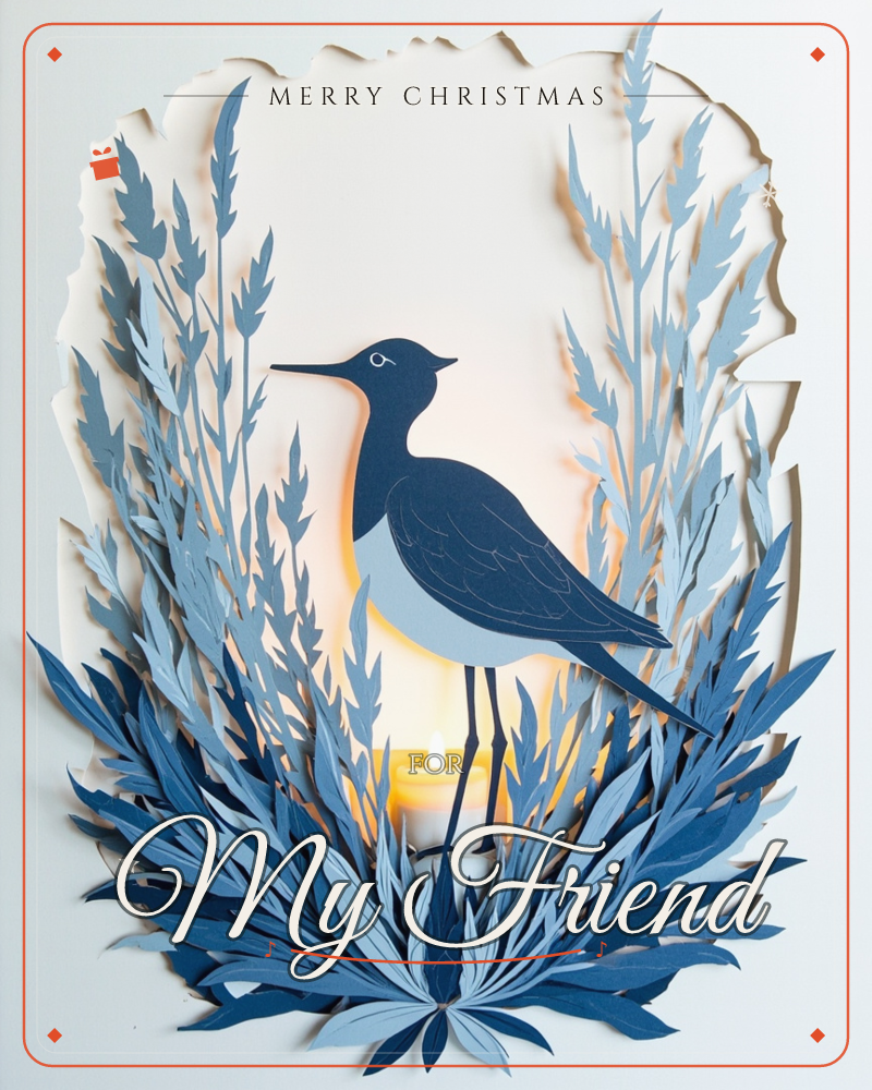 A layered paper-cut illustration shows a long-legged wading bird standing among tall reeds and grasses, all cut from shades of blue paper, a christmas e-card design