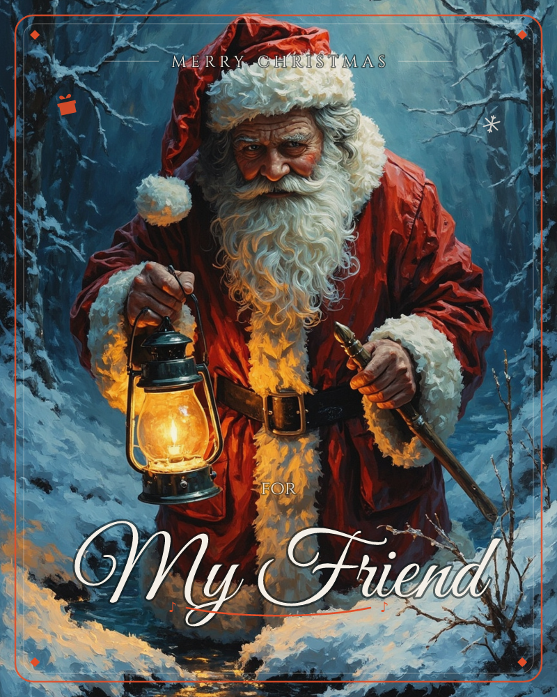 Santa Claus wades through a snowy forest at dusk, holding up a glowing lantern to light his path through the frosted trees, a christmas e-card design