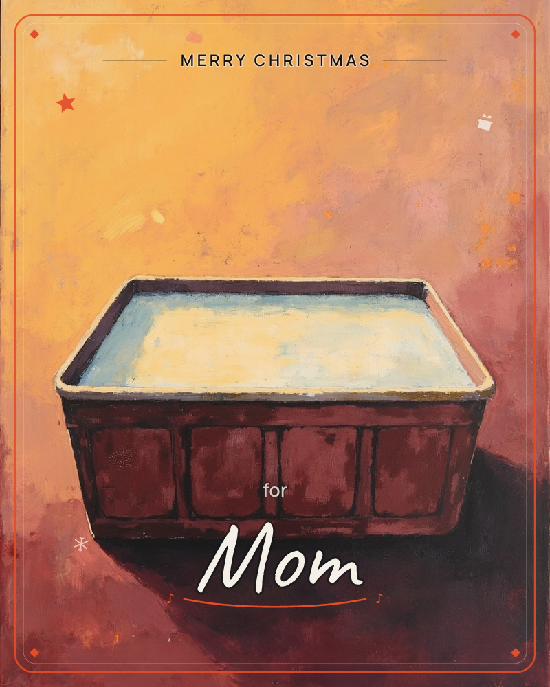 A single rectangular basin filled with pale milky liquid sits alone against a glowing wash of amber and rose, a christmas e-card design