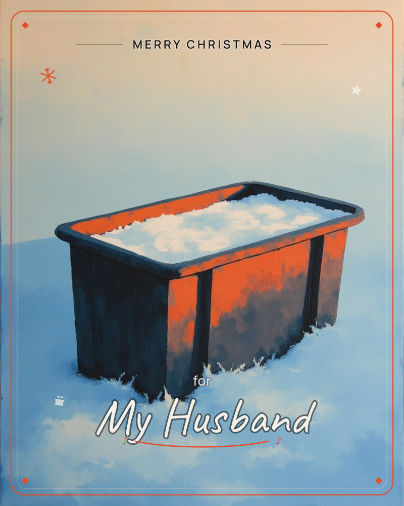 A weathered orange plastic tub sits alone in deep snow, its ridged sides streaked dark with shadow and cold, a christmas e-card design