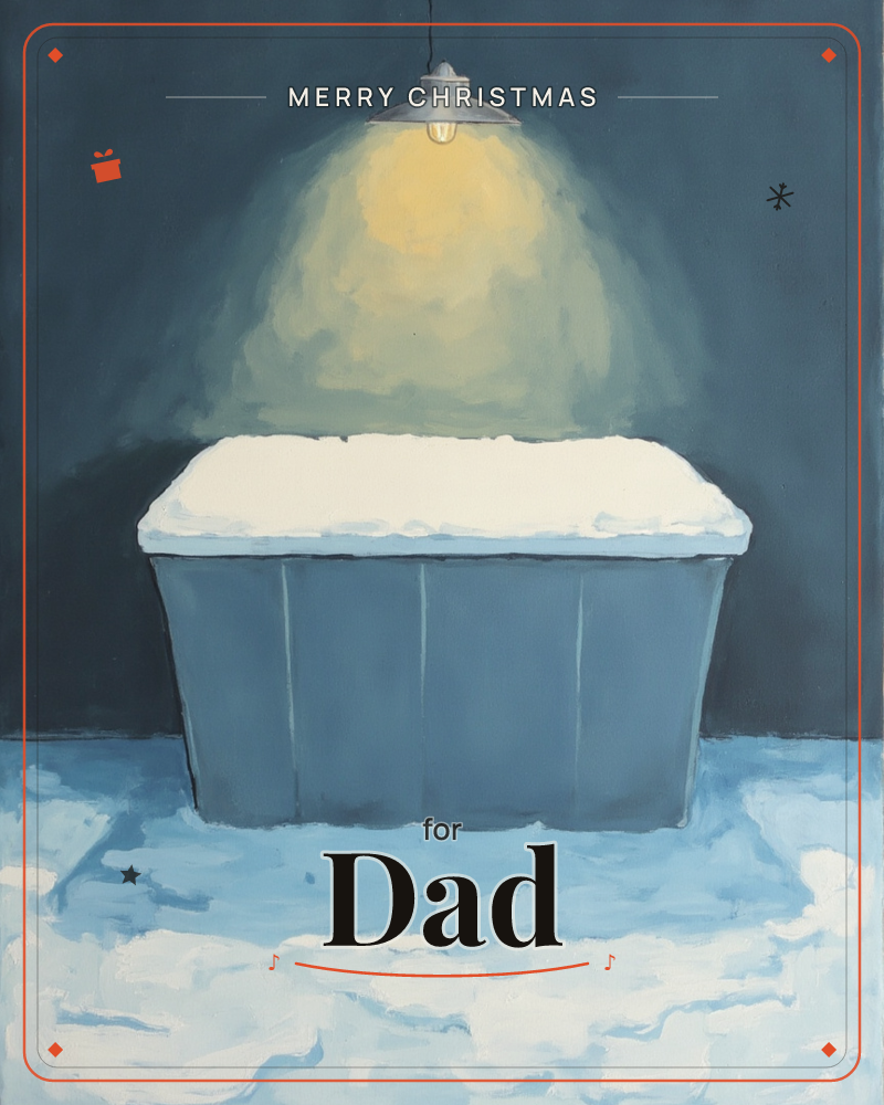 A snow-capped bin sits alone under a single hanging bulb, its warm glow pooling against a deep dusky-blue night, a christmas e-card design