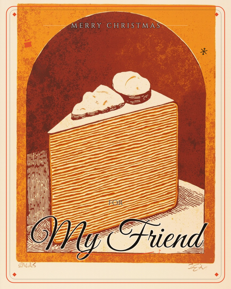 A woodblock-style print shows a tall slice of layered cake topped with peach halves, set inside a deep rust-colored archway, a christmas e-card design