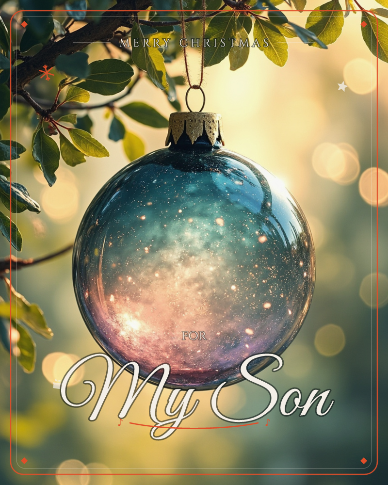 A glass ornament hangs from a leafy branch, its surface swirling with galaxy-like blues, pinks, and flecks of gold light, a christmas e-card design