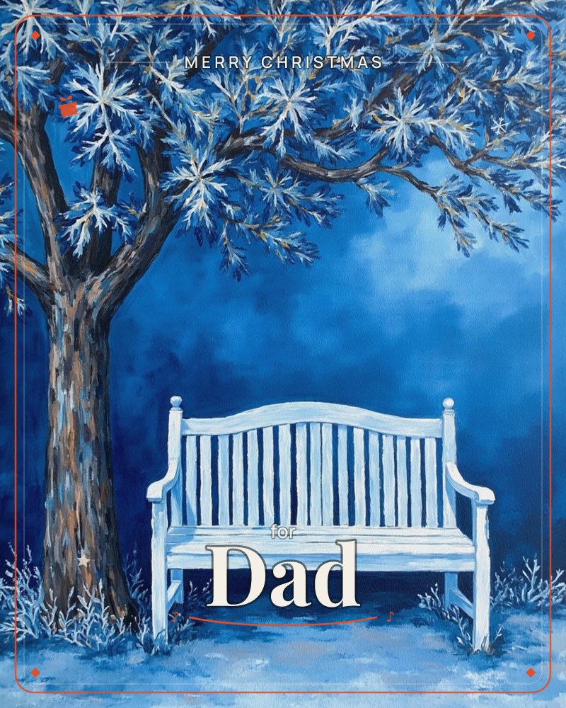A pale wooden bench sits empty beneath a sprawling tree, both washed in deep midnight blue with frosted white highlights on the leaves and branches, a christmas e-card design