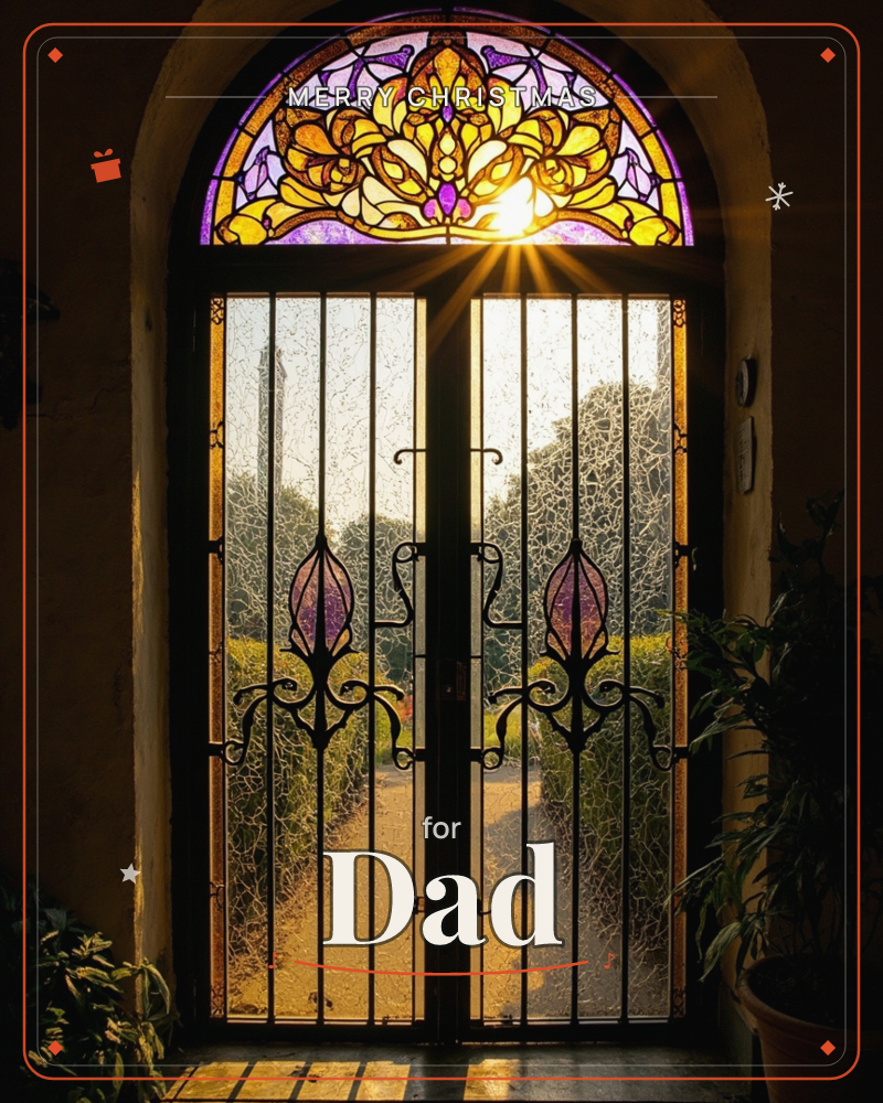 A pair of arched glass doors with black wrought-iron scrollwork opens onto a sunlit garden path, an amber and violet stained-glass fanlight glowing…, a christmas e-card design