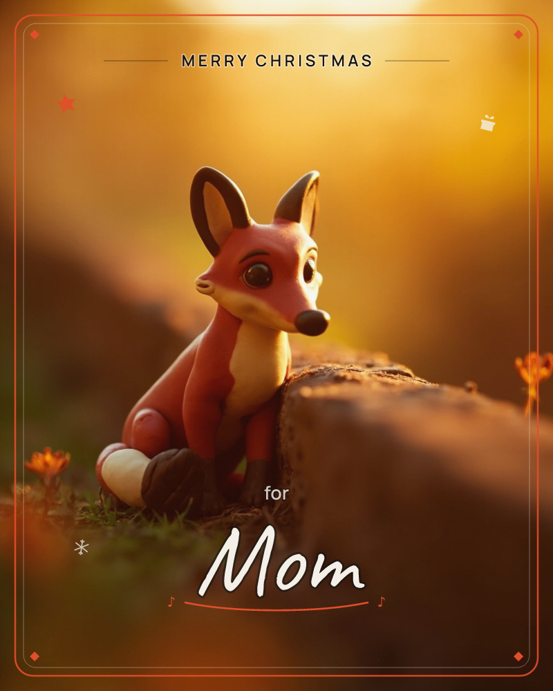 A small clay-like fox figure sits perched on a earthen ledge, its big dark eyes gazing off to the side while golden hour light glows warmly behind it, a christmas e-card design