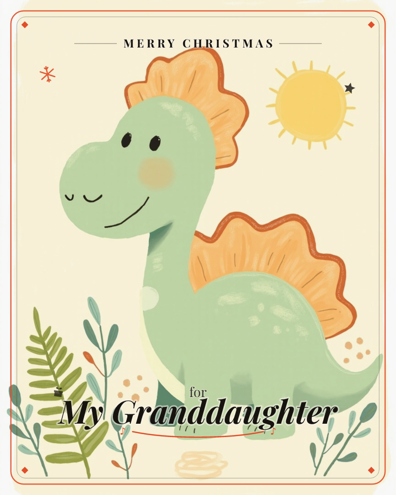 A friendly green dinosaur with a spiky orange frill and rosy cheeks stands smiling among leafy fronds and sprigs, a round yellow sun beaming overhead…, a christmas e-card design