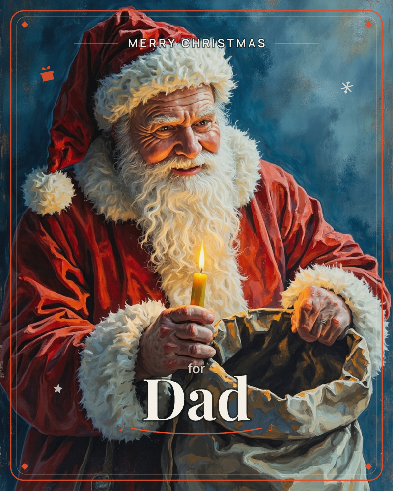 A painterly close-up of Santa Claus in his red fur-trimmed coat, holding a lit candle in one hand and peering into an open sack with the other, as if…, a christmas e-card design