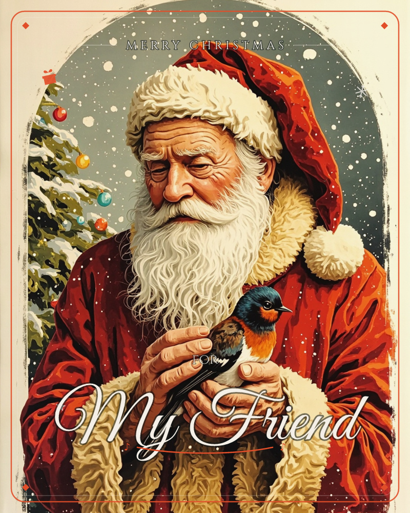 An illustrated Santa in a fur-trimmed red coat and cap bends his head to gently look at a small swallow perched in his cupped hands, a christmas e-card design