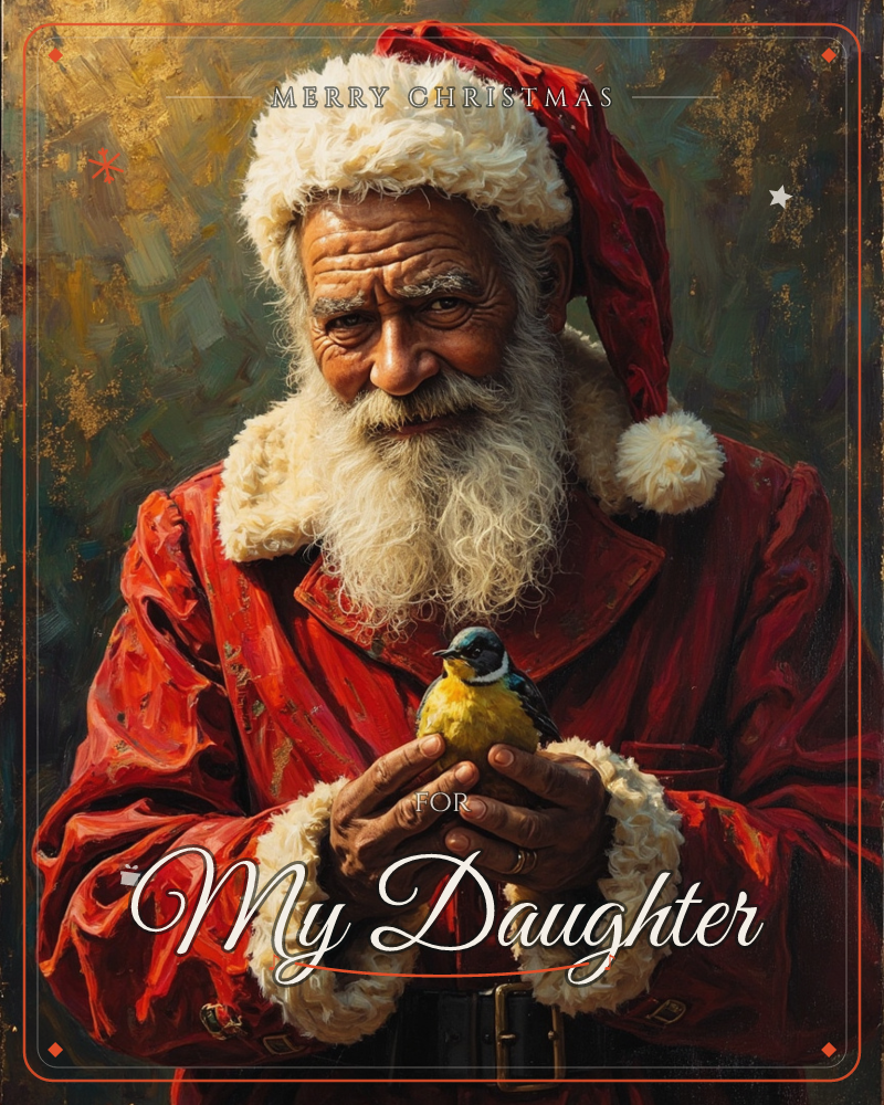 A weathered man in a red Santa coat and fur-trimmed hat cradles a small yellow and blue songbird gently in his cupped hands, a christmas e-card design