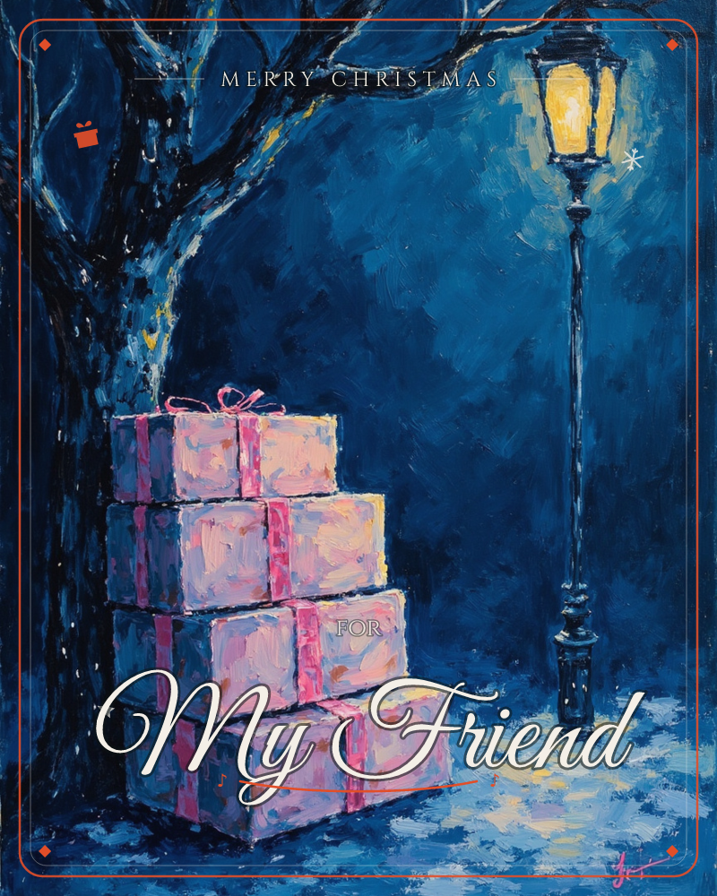 A stack of four pink gift boxes tied with ribbon leans against a bare tree trunk on a deep-blue winter night, lit by a glowing lamppost beside them, a christmas e-card design