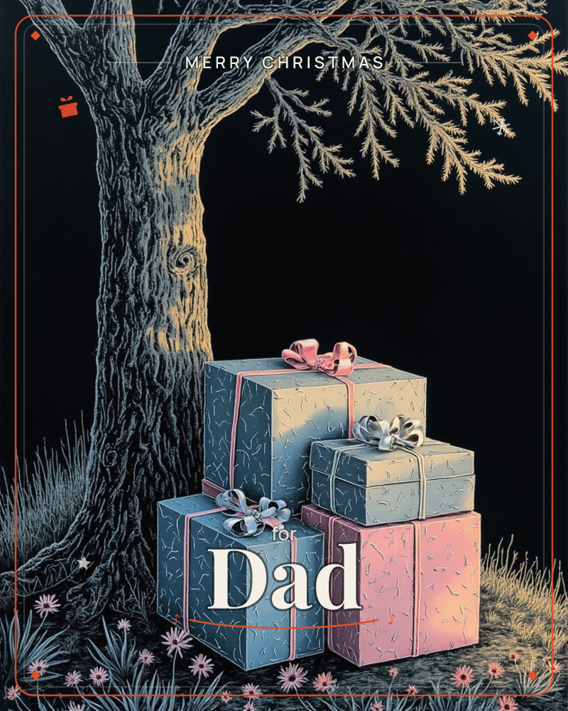 A cluster of wrapped gift boxes in slate blue and dusty pink sits beneath a gnarled tree trunk, its wispy golden branches spreading against a deep…, a christmas e-card design
