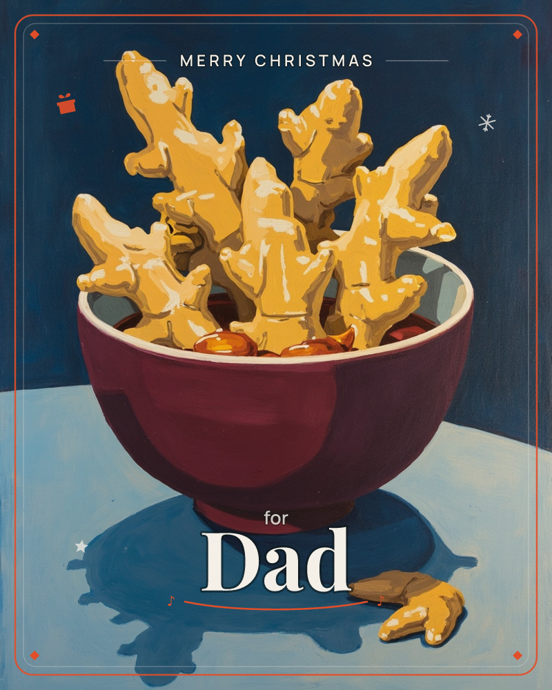 A deep maroon bowl sits on a pale blue table, piled high with knobby golden ginger roots that fan upward like coral against a dark navy background, a christmas e-card design