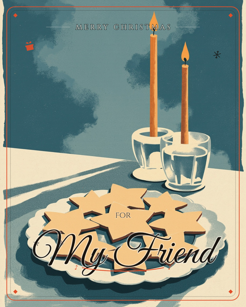 A plate of star-shaped cookies sits on a table beside two tall lit candles set in small glasses, their flames glowing against a deep teal…, a christmas e-card design