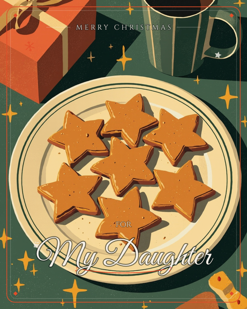 A plate of star-shaped gingerbread cookies sits on a dark green tablecloth scattered with tiny gold stars and sparkles, flanked by a wrapped orange…, a christmas e-card design