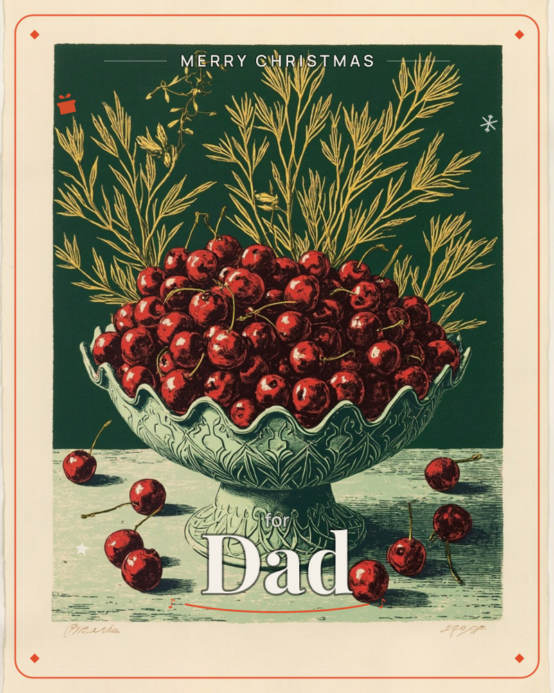 A scalloped glass pedestal bowl overflows with glossy red cherries, set against a deep green background with sprays of golden feathery foliage rising…, a christmas e-card design