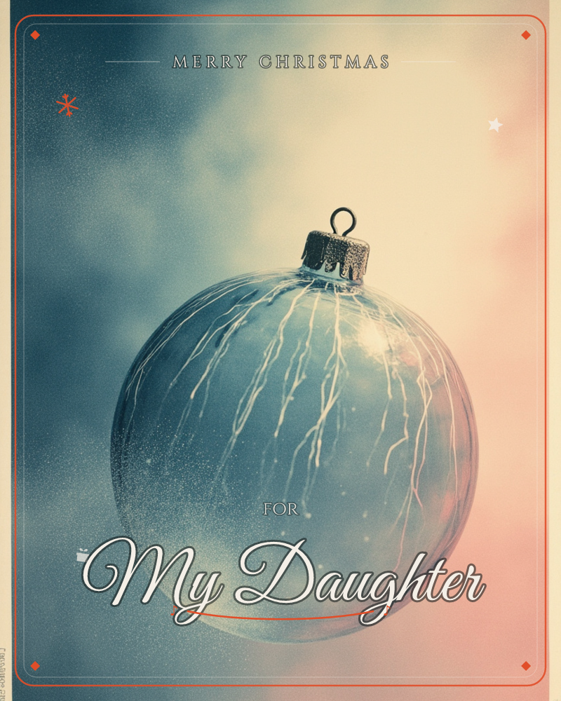 A single glass Christmas bauble hangs against a hazy, cloud-streaked sky that fades from smoky blue on one side to soft peach on the other, a christmas e-card design