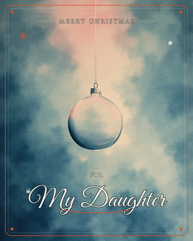 A single glass bauble hangs from a fine thread against a moody, cloud-textured sky in deep blues with a soft glow of pink and cream behind it, a christmas e-card design