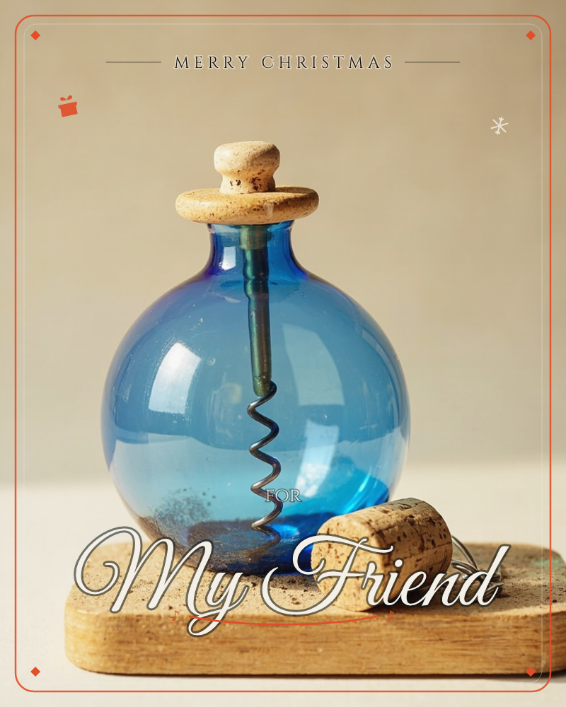 A round cobalt-blue glass bottle with a cork stopper sits on a small wooden board, an old metal corkscrew tucked upright inside it, a christmas e-card design