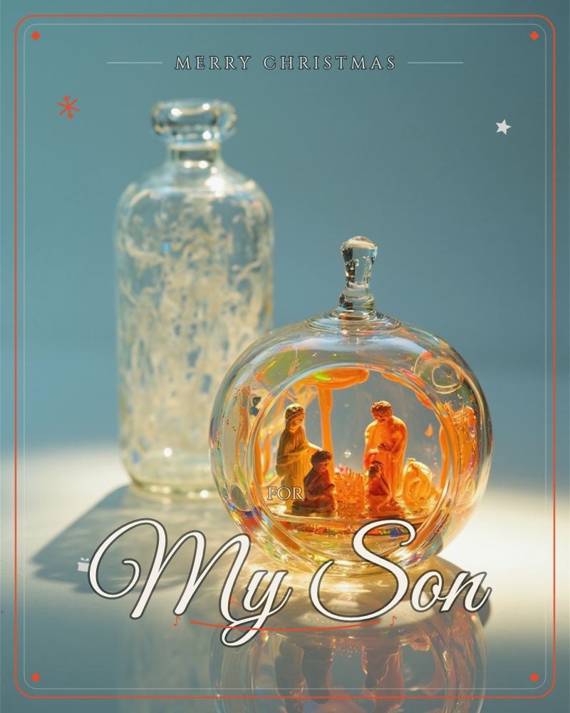 A round glass ornament glows amber, holding a tiny nativity scene lit from within, set beside a taller frosted glass bottle on a pale reflective surface, a christmas e-card design