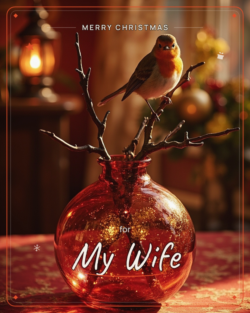 A robin perches on bare twigs arranged in a round red glass vase flecked with gold, its feathers glowing orange in warm indoor lamplight, a christmas e-card design