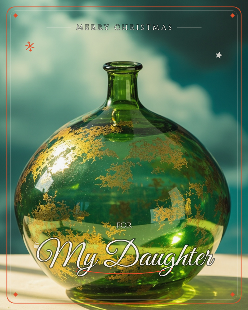A round-bellied green glass bottle sits on a pale ledge, its surface scattered with flecks of gold like drifting lichen, a christmas e-card design