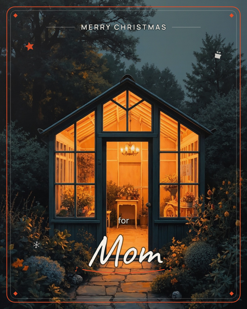 A glass-paned garden greenhouse glows amber against a deep dusk-blue woodland, its door left open onto a stone path lined with hydrangeas and roses, a christmas e-card design