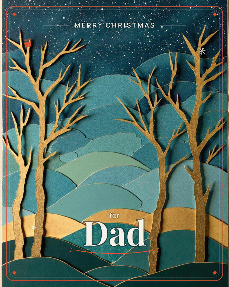 A layered paper-cut landscape shows bare gold trees standing across rolling teal hills beneath a star-scattered night sky, a christmas e-card design