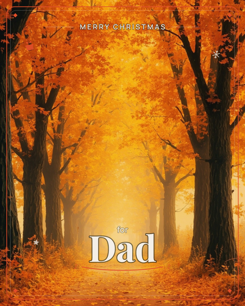 A quiet path stretches between two rows of tall trees whose branches meet overhead in a blazing canopy of orange and gold leaves, a christmas e-card design