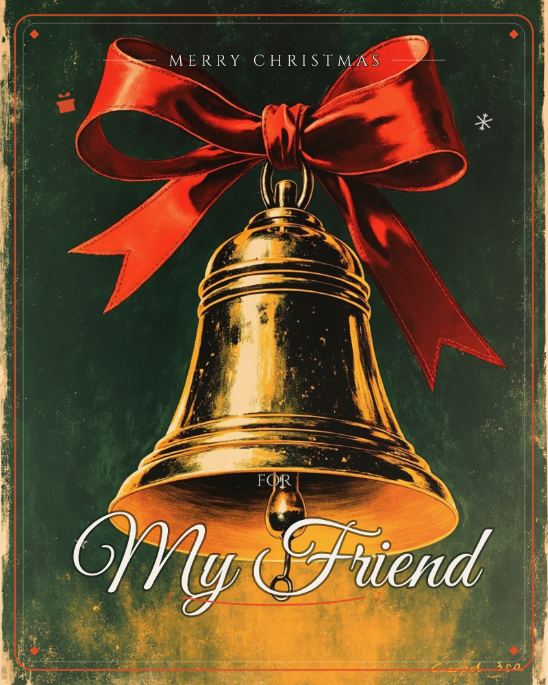 A large brass bell hangs against a deep green background, its metal glowing with warm golden light along the curves, a christmas e-card design