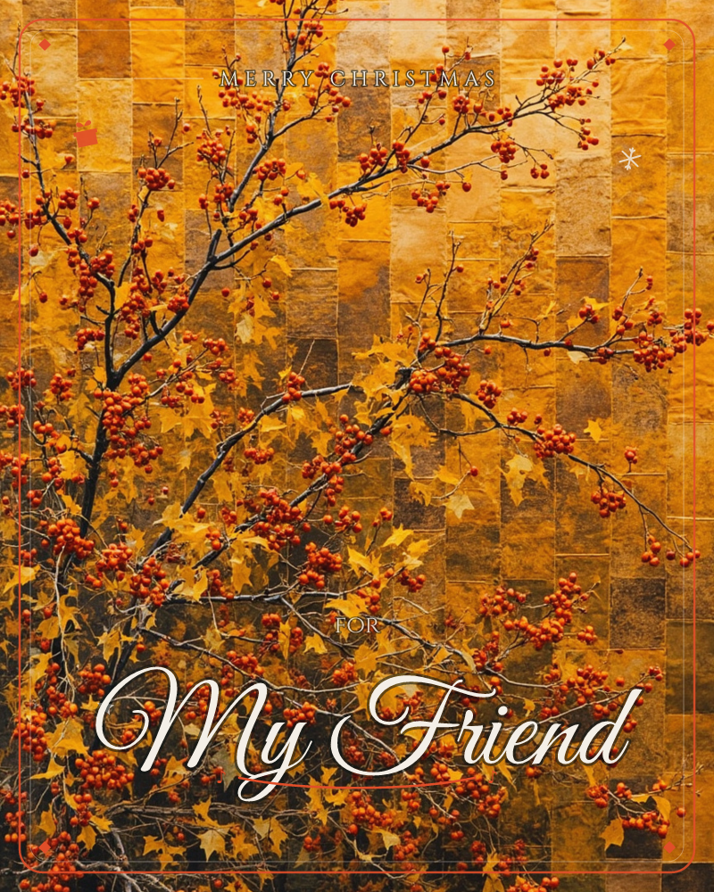 A slender branch heavy with clusters of small red-orange berries and a few golden leaves stretches across a backdrop of textured gold and amber tiles, a christmas e-card design