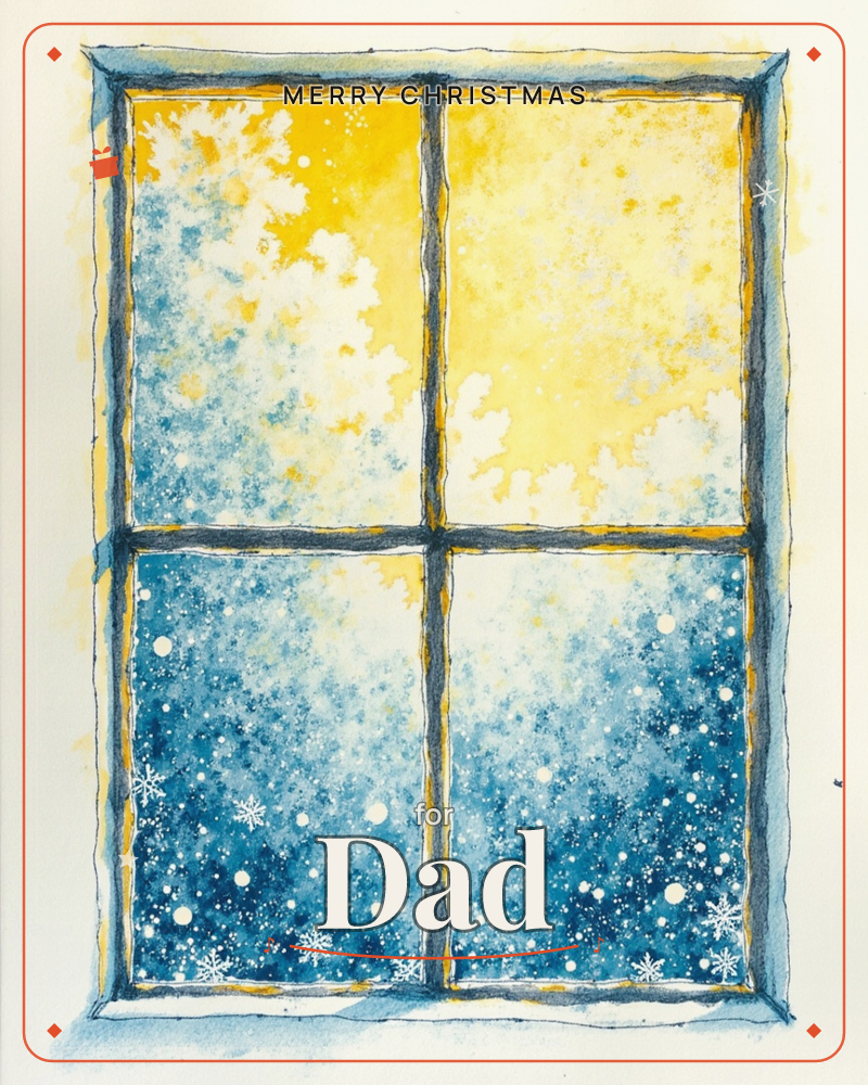 A four-paned window is illustrated in loose watercolour, its wooden frame sketched in soft charcoal lines, a christmas e-card design